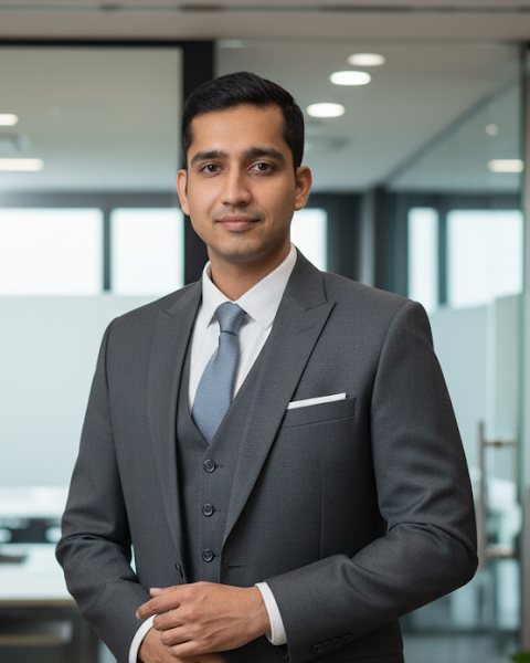 Mohak Ailani in a grey suit, smiling, in an office